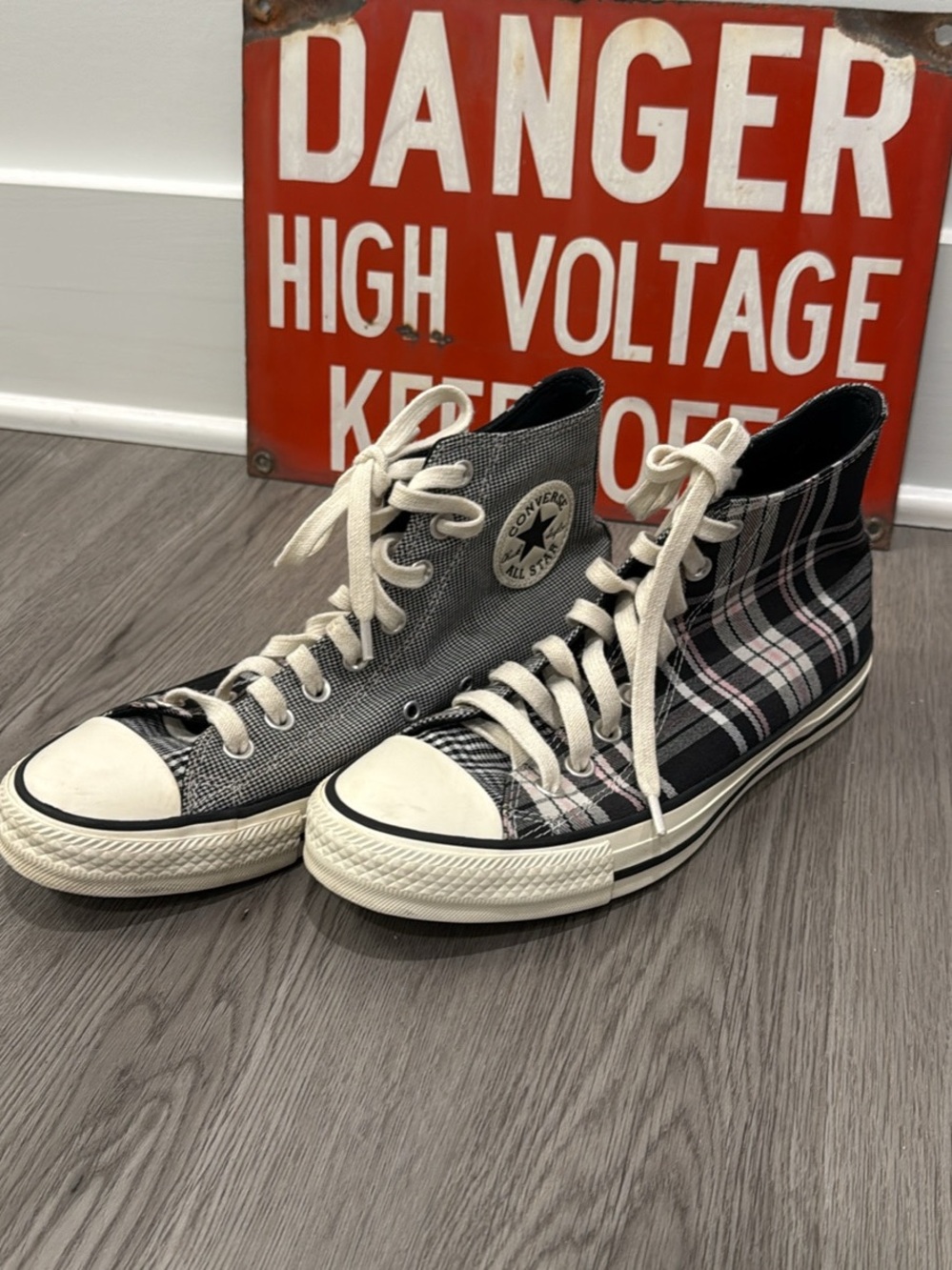 Converse Plaid & Houndstooth High Top Sneakers - Black, White, Pink